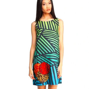 DESIGUAL Women’s Sleeveless Sheath Artsy Graphic Green Striped Mini Dress Sz 46.